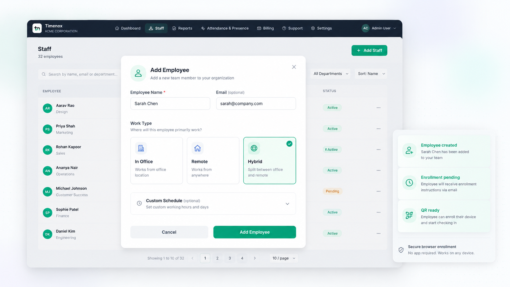 Timenox admin dashboard showing employee management interface