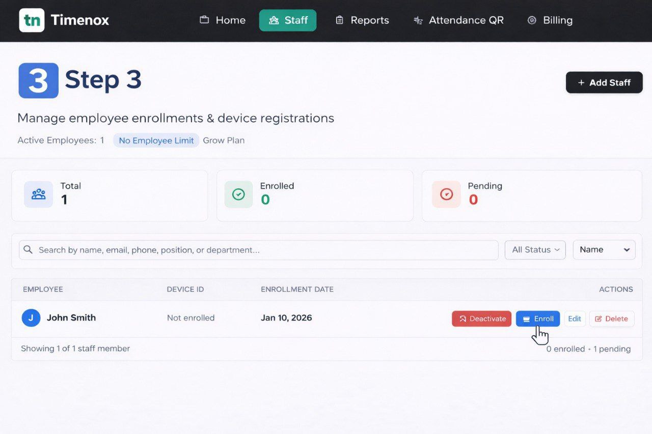 Employee scanning enrollment QR code on mobile phone for one-time device verification in Timenox attendance system