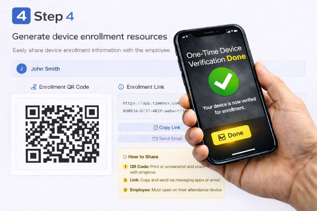 Device verification success screen showing enrollment completed for secure attendance tracking with device fingerprinting